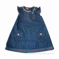 Children's Denim Dress, Colorful Embroidered Stitching, Floral Buttons/Patch, Lace Sleeves
